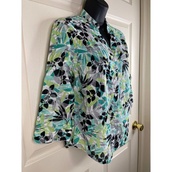 Alfred Dunner Blouse Women Size 12P Petite 12 Green Blue Semi Sheer Button Top - Picture 5 of 8